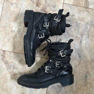 Zara Black Punk Buckle Biker Leather Studded Boots Y2K Grunge Edgy